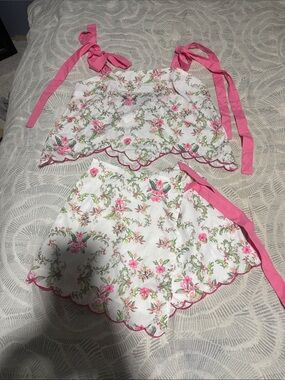 Pink Floral Scalloped Tie-Strap Crop Top & Shorts Set